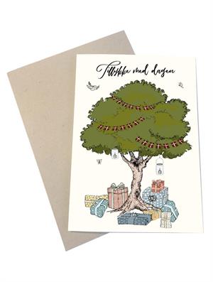 Mouse & Pen Kort - Tillykke med dagen - Træ og gaver (A6)